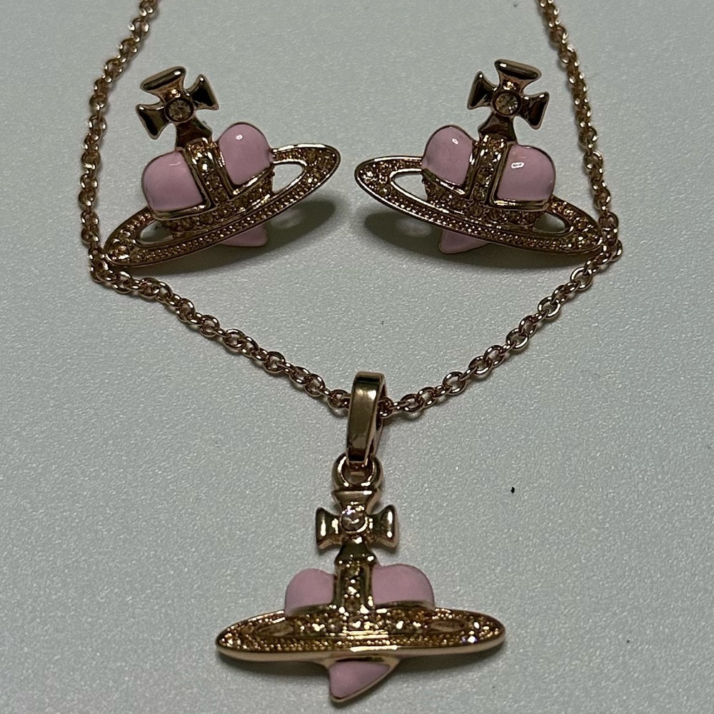 Vivienne Westwood bundle Set Rose gold pink heart Saturn necklace & earrings